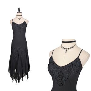 Vintage Fairy Goth Midi Dress Prom Hoco Lace Witchy Y2K Whimsigoth Slip Black 8